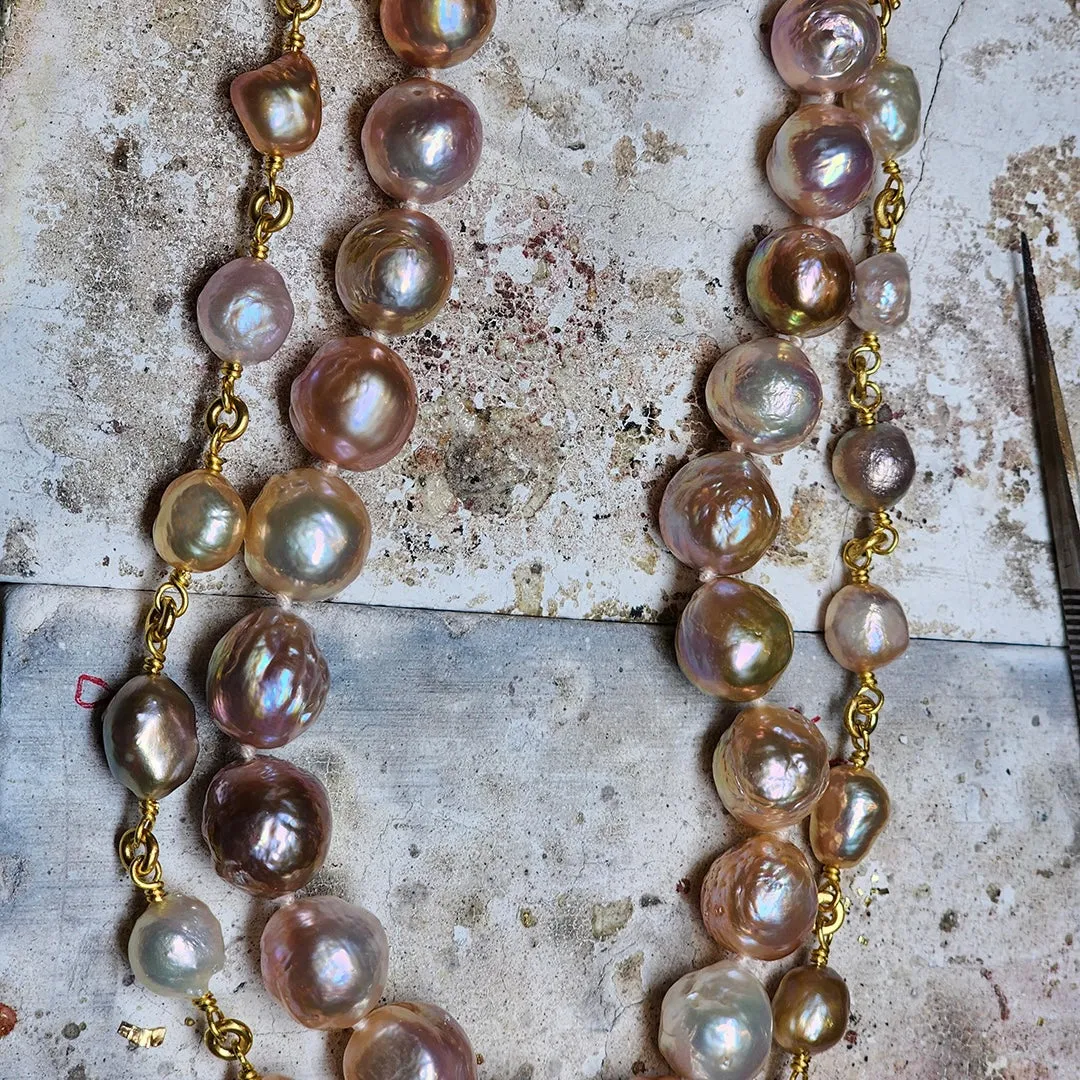 Isabella "Pia" Rosebud Pearl Necklace in 22K Nectar Gold- 28"