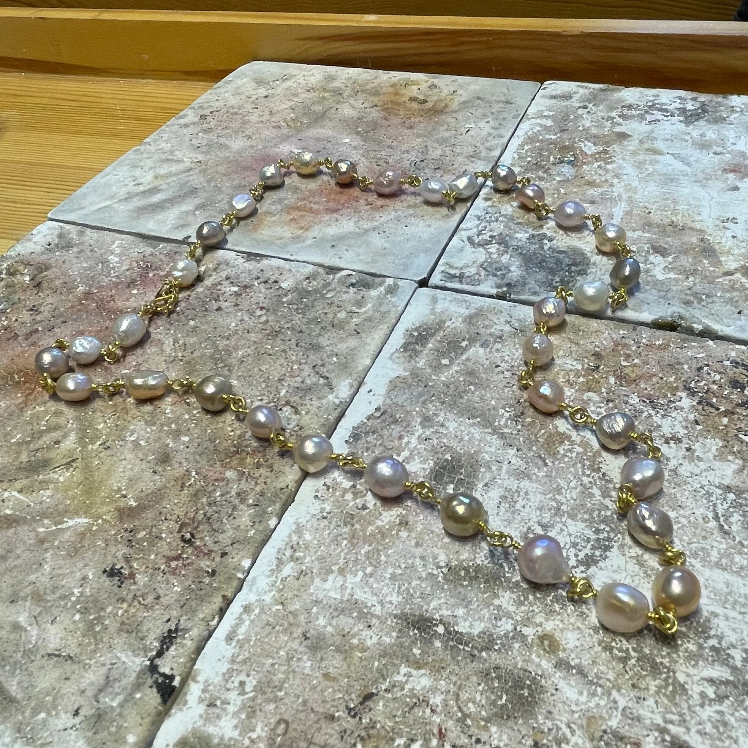 Isabella "Pia" Rosebud Pearl Necklace in 22K Nectar Gold- 28"