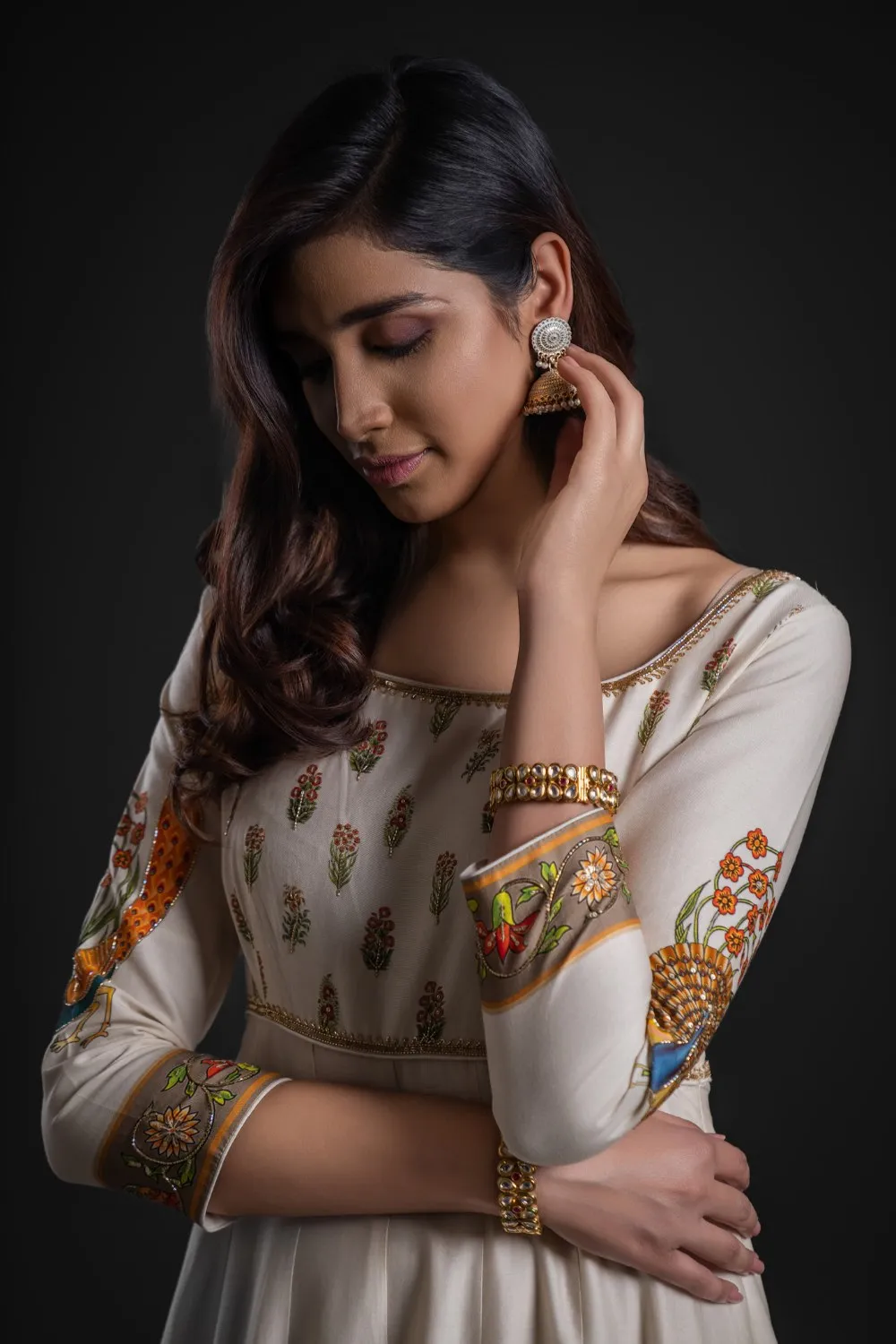 Ivory Anarkali Set with Chudidar and Organza Dupatta
