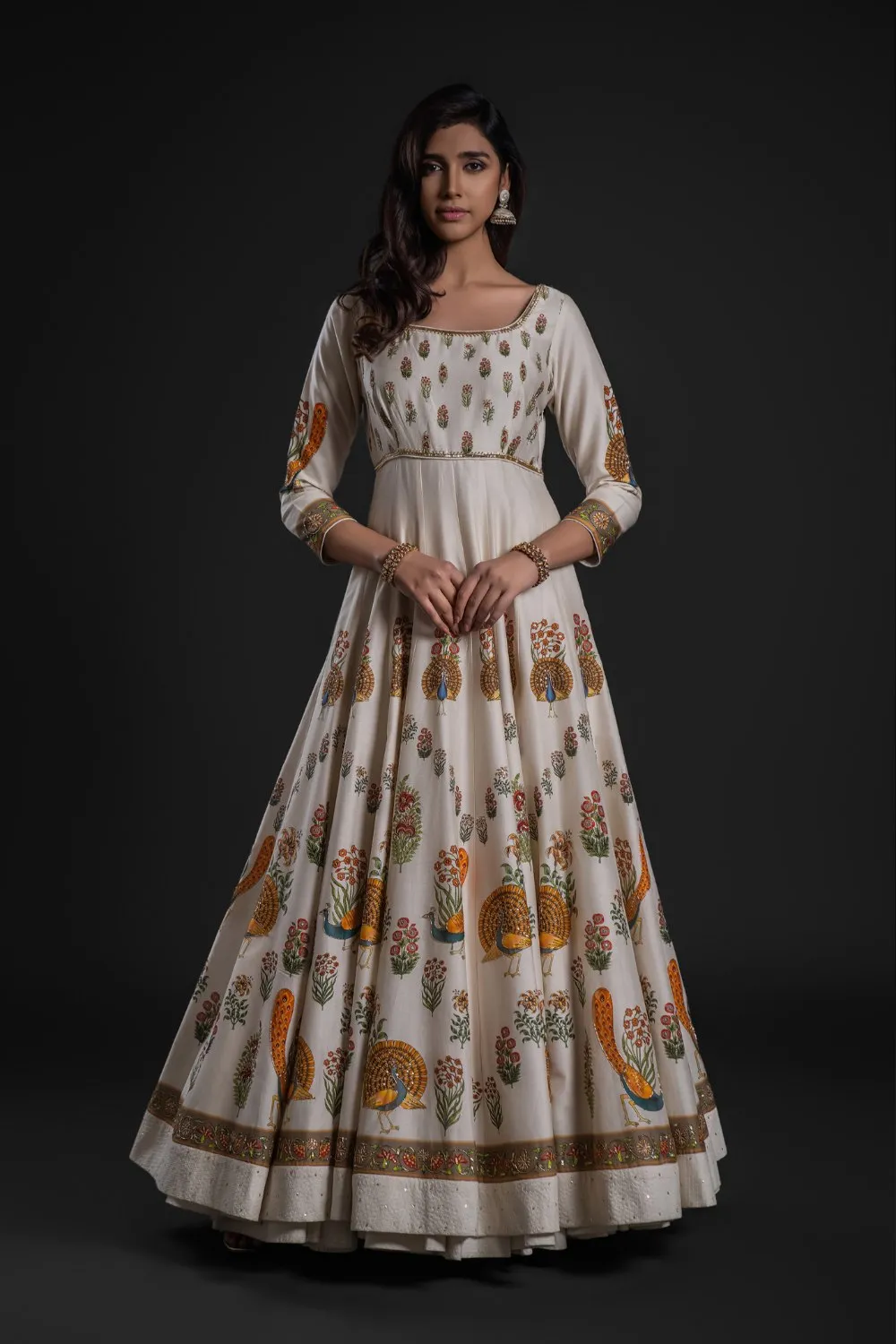 Ivory Anarkali Set with Chudidar and Organza Dupatta