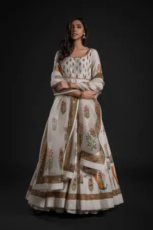 Ivory Anarkali Set with Chudidar and Organza Dupatta