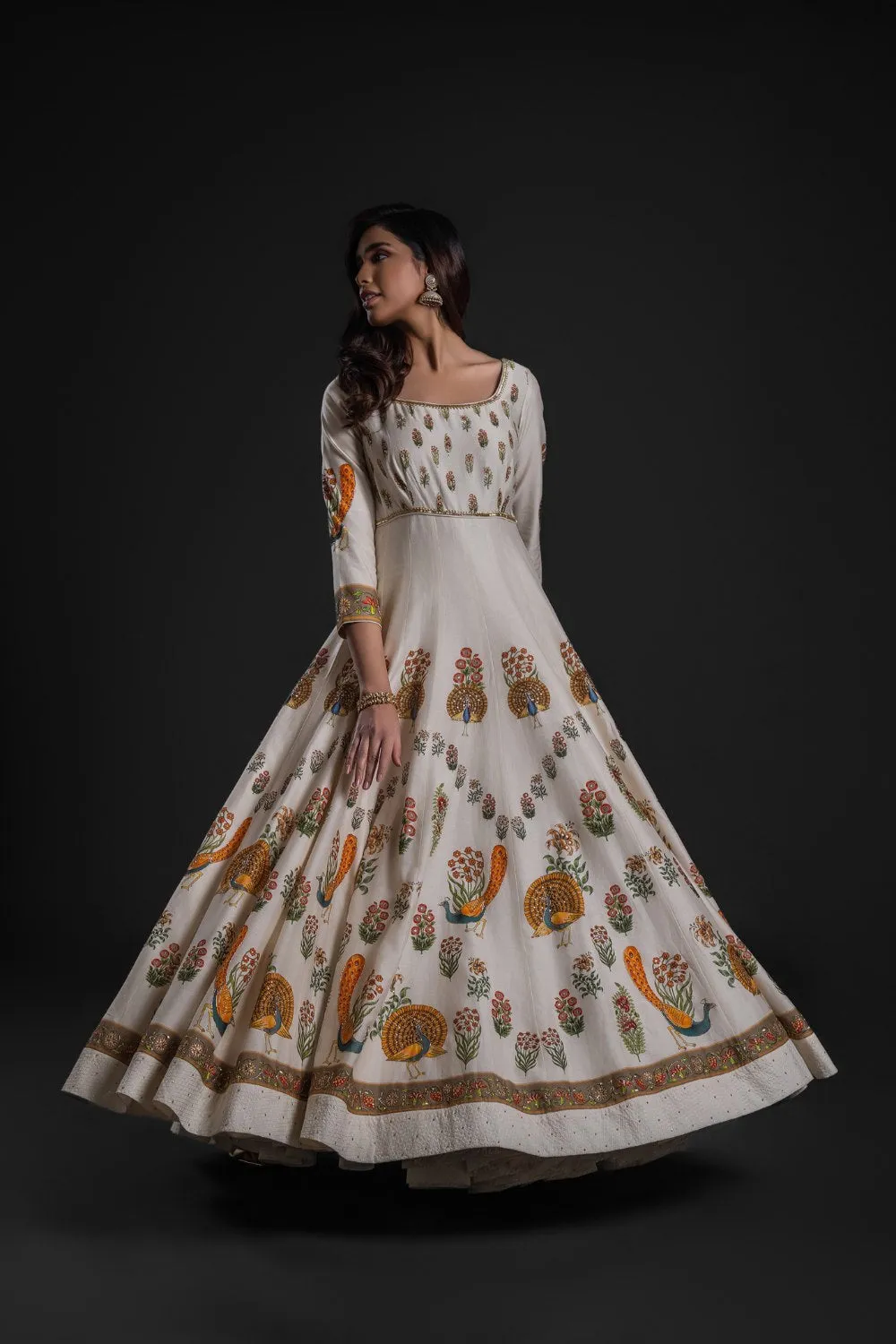 Ivory Anarkali Set with Chudidar and Organza Dupatta