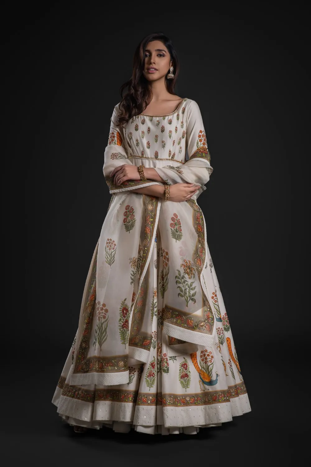 Ivory Anarkali Set with Chudidar and Organza Dupatta