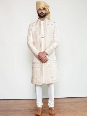 Ivory Raw Silk Open Sherwani