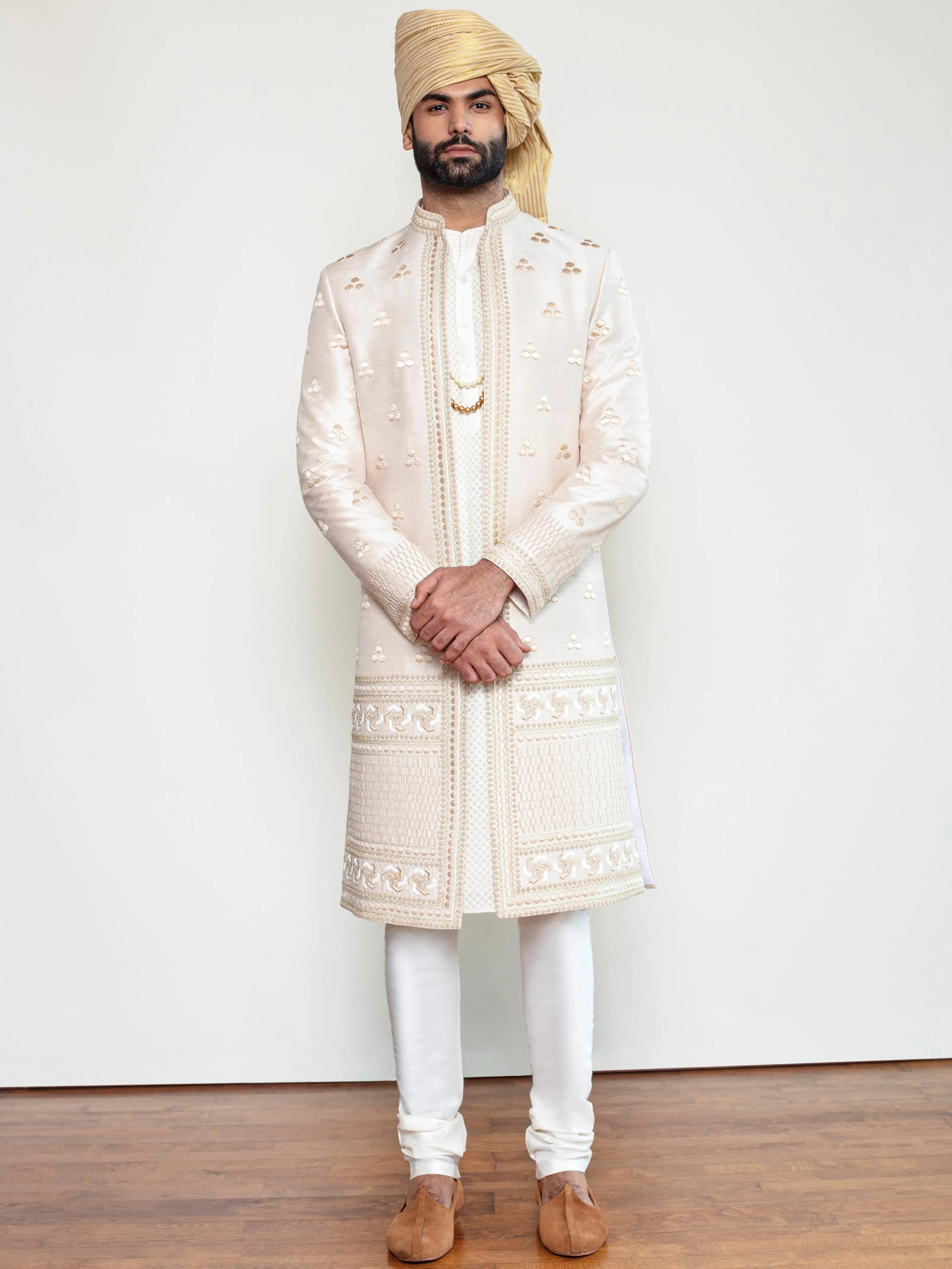 Ivory Raw Silk Open Sherwani