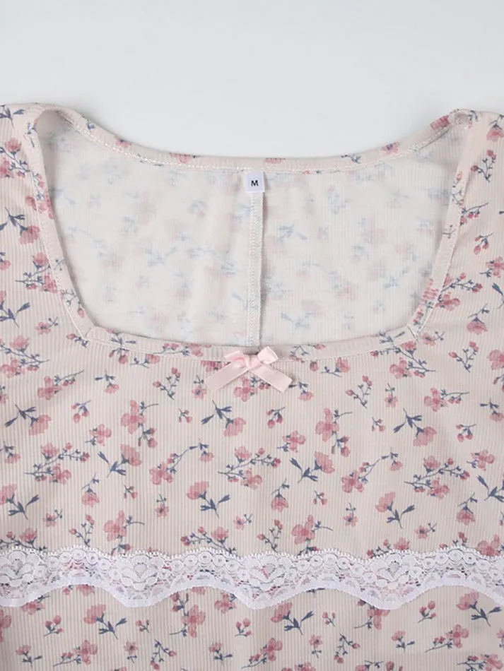 JazzHer Lace Floral Print Square Neck Bodysuit