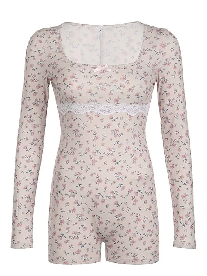 JazzHer Lace Floral Print Square Neck Bodysuit