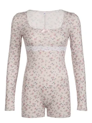 JazzHer Lace Floral Print Square Neck Bodysuit