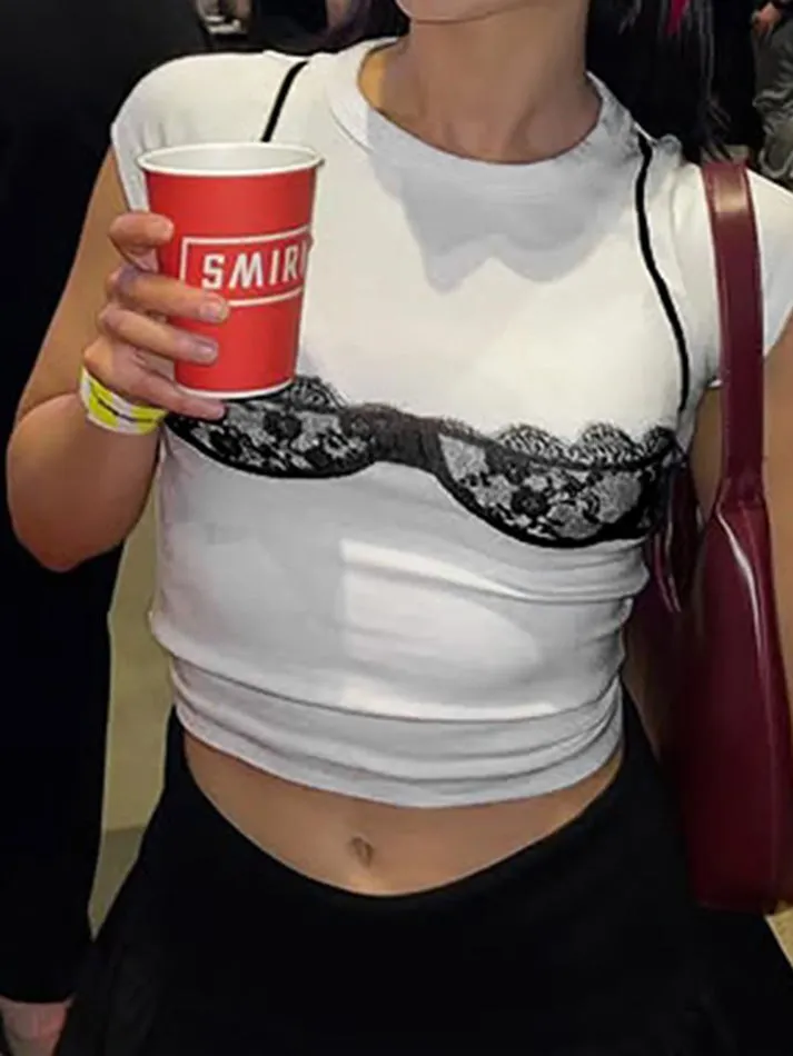 JazzHer Lace Lingerie Print Crop Top