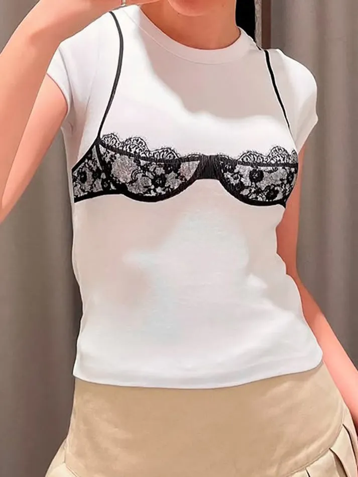 JazzHer Lace Lingerie Print Crop Top