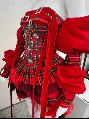 JazzHer Red Plaid Puff Sleeve Corset Tiered Dress