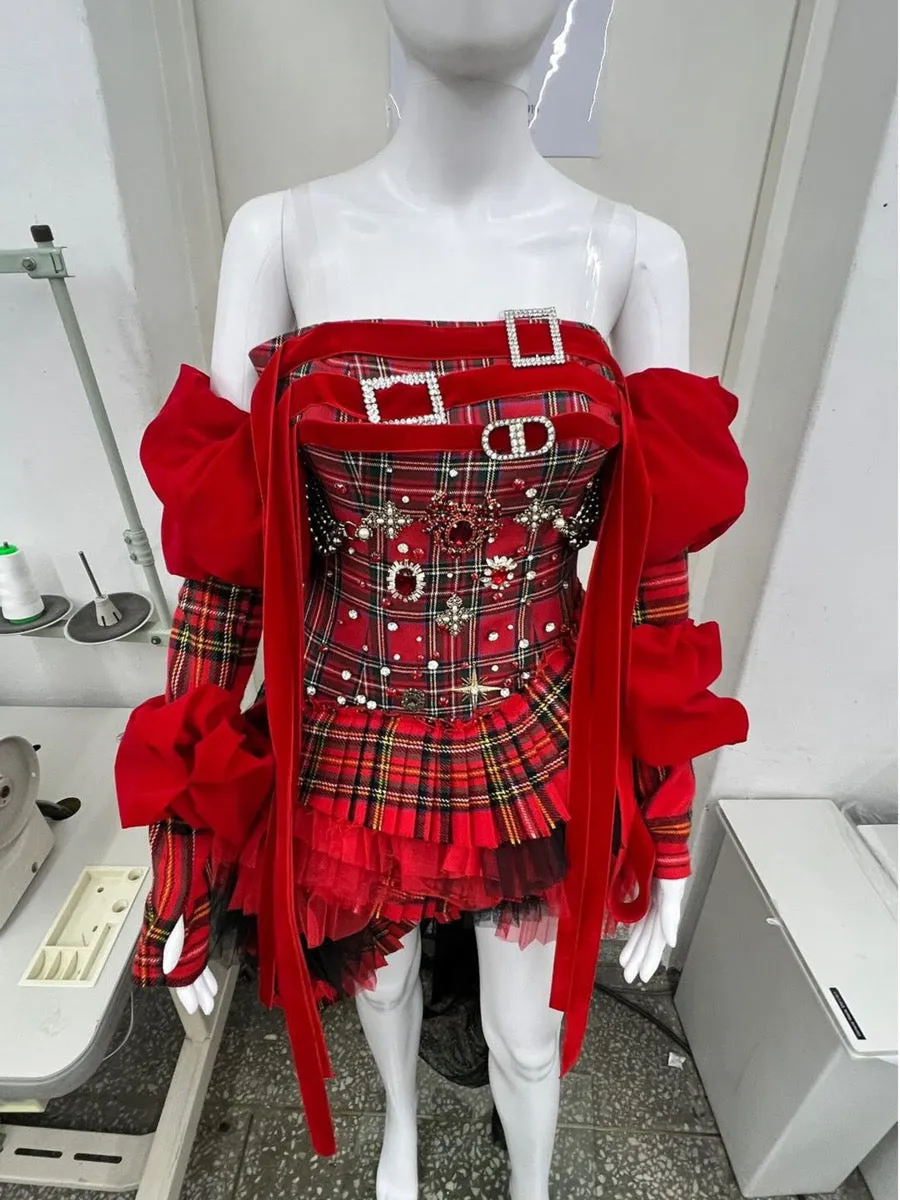 JazzHer Red Plaid Puff Sleeve Corset Tiered Dress