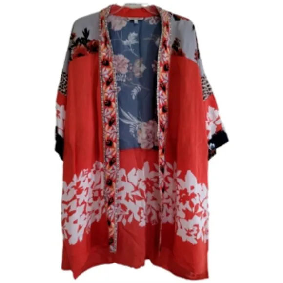John Mark Plus Size Boho Floral Beaded Kimono Jacket Duster 2X