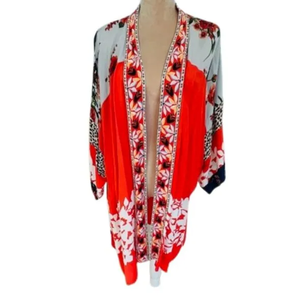 John Mark Plus Size Boho Floral Beaded Kimono Jacket Duster 2X