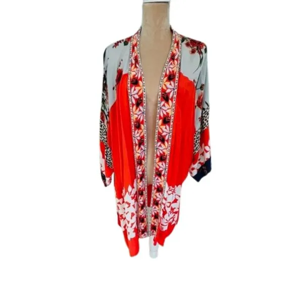 John Mark Plus Size Boho Floral Beaded Kimono Jacket Duster 2X