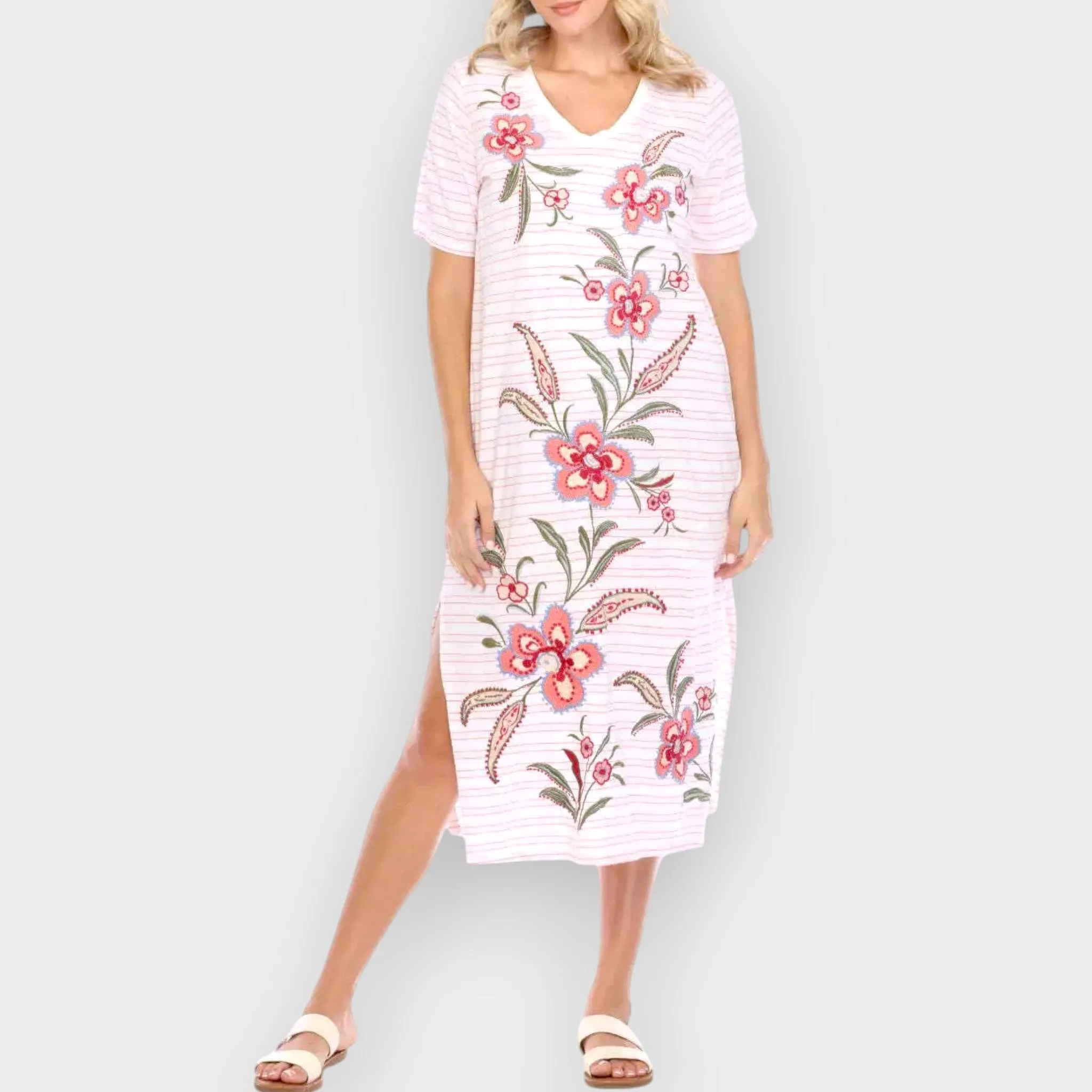 Johnny Was Libbi Trapunto Red White Embroidered T-Shirt Dress Large ~ AU14-16 [NEW]