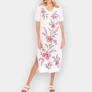Johnny Was Libbi Trapunto Red White Embroidered T-Shirt Dress Large ~ AU14-16 [NEW]