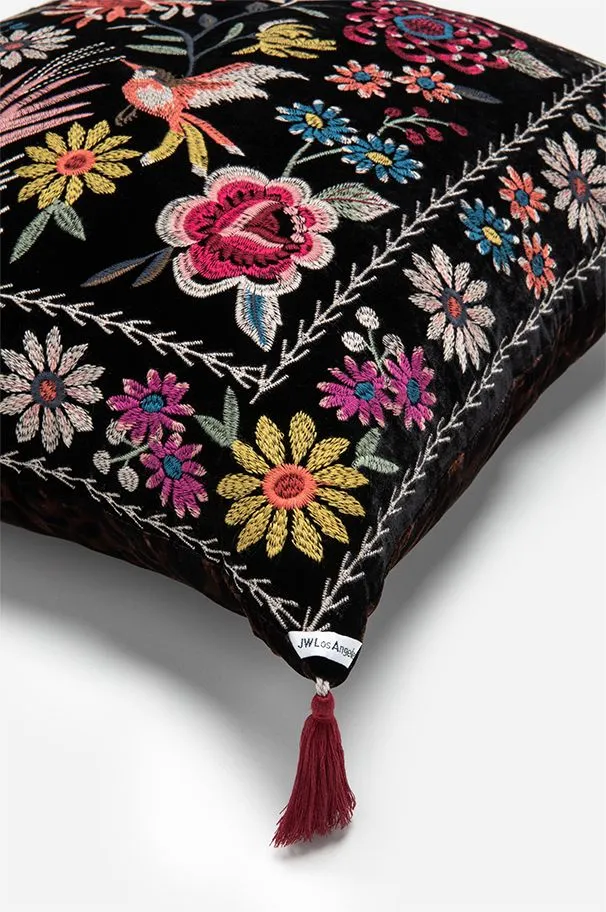 Johnny Was Pillows Tiarei Velvet Floral Embroidery Pillow Square Black NEW