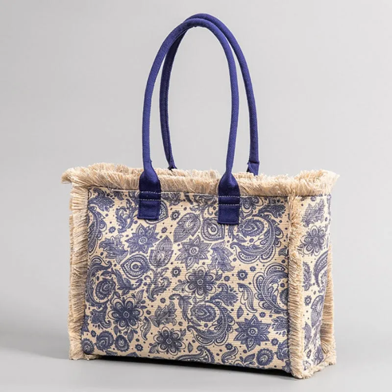 Joslin Retro Print Fringed Canvas Tote Bags - 6 Colors