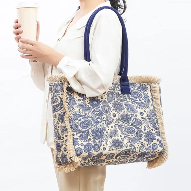 Joslin Retro Print Fringed Canvas Tote Bags - 6 Colors