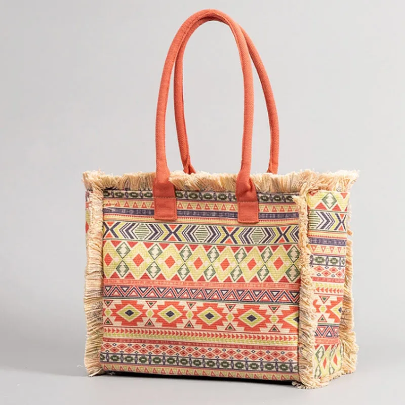 Joslin Retro Print Fringed Canvas Tote Bags - 6 Colors