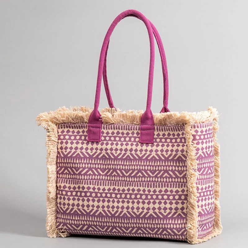 Joslin Retro Print Fringed Canvas Tote Bags - 6 Colors