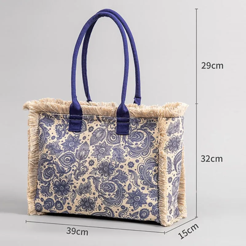 Joslin Retro Print Fringed Canvas Tote Bags - 6 Colors