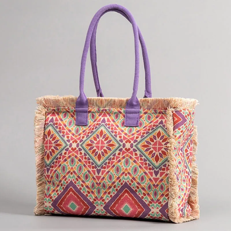 Joslin Retro Print Fringed Canvas Tote Bags - 6 Colors
