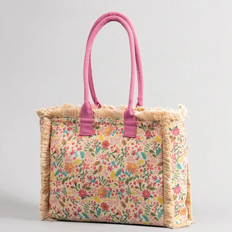 Joslin Retro Print Fringed Canvas Tote Bags - 6 Colors