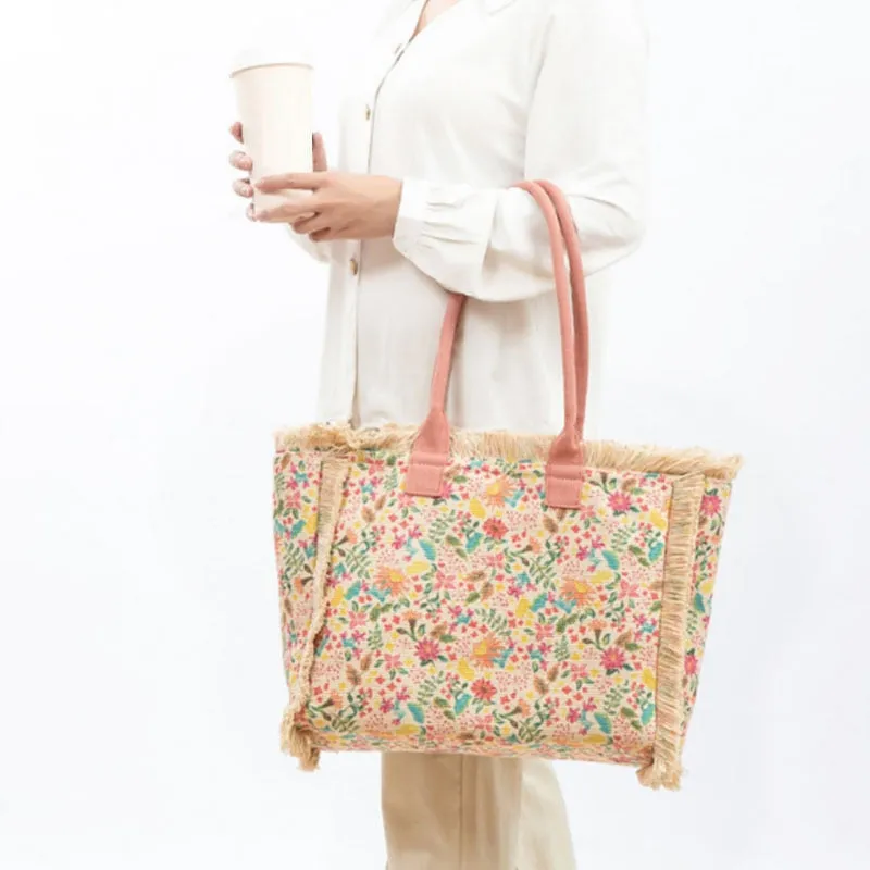 Joslin Retro Print Fringed Canvas Tote Bags - 6 Colors