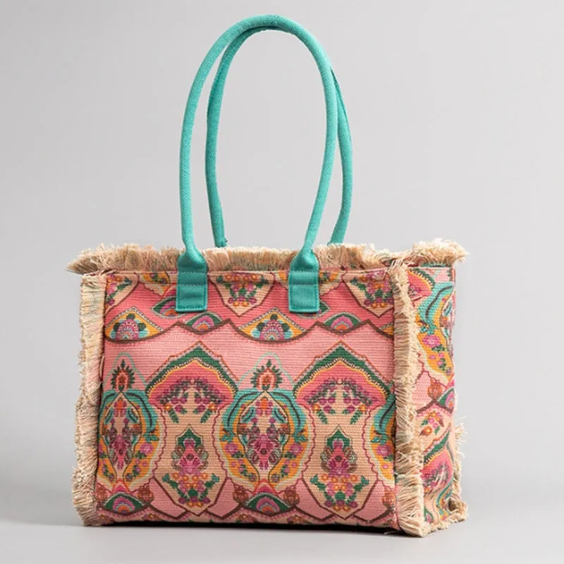 Joslin Retro Print Fringed Canvas Tote Bags - 6 Colors