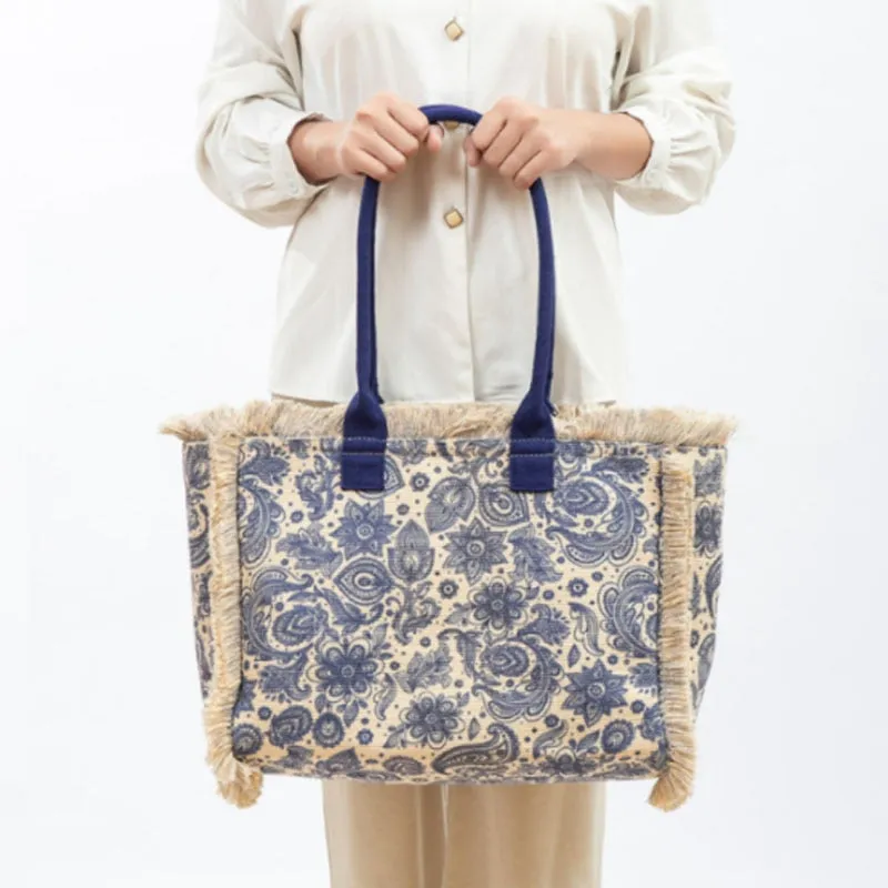 Joslin Retro Print Fringed Canvas Tote Bags - 6 Colors