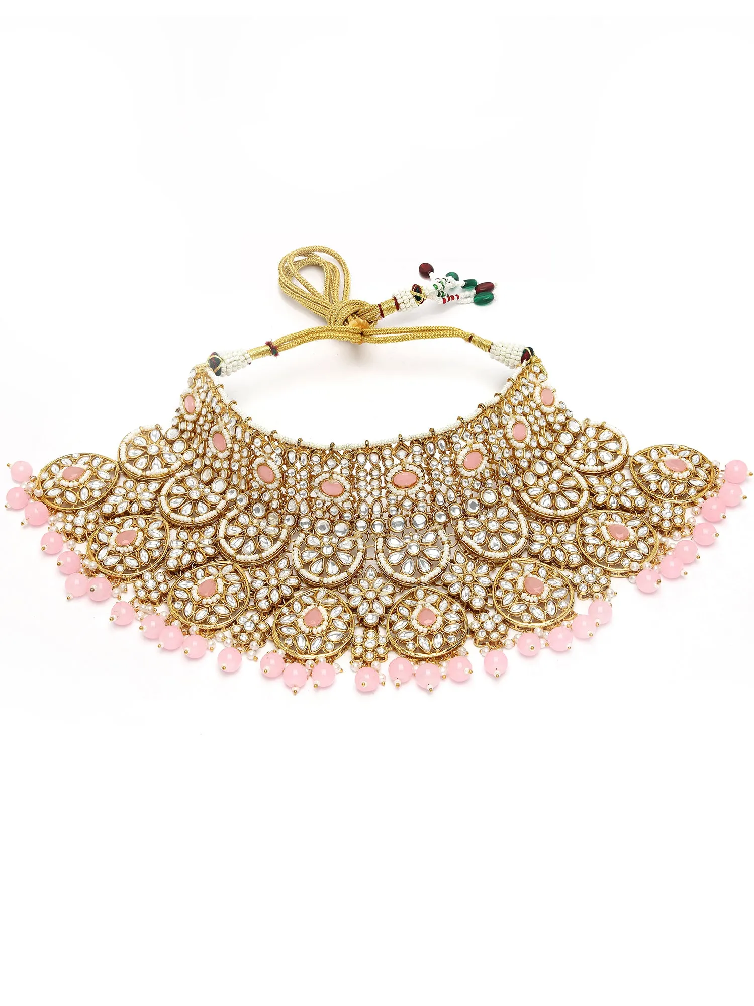 Karatcart Gold Plated Pink Stone & Bead Ethnic Indian Traditional Kundan Dulhan Bridal Jewellery Set