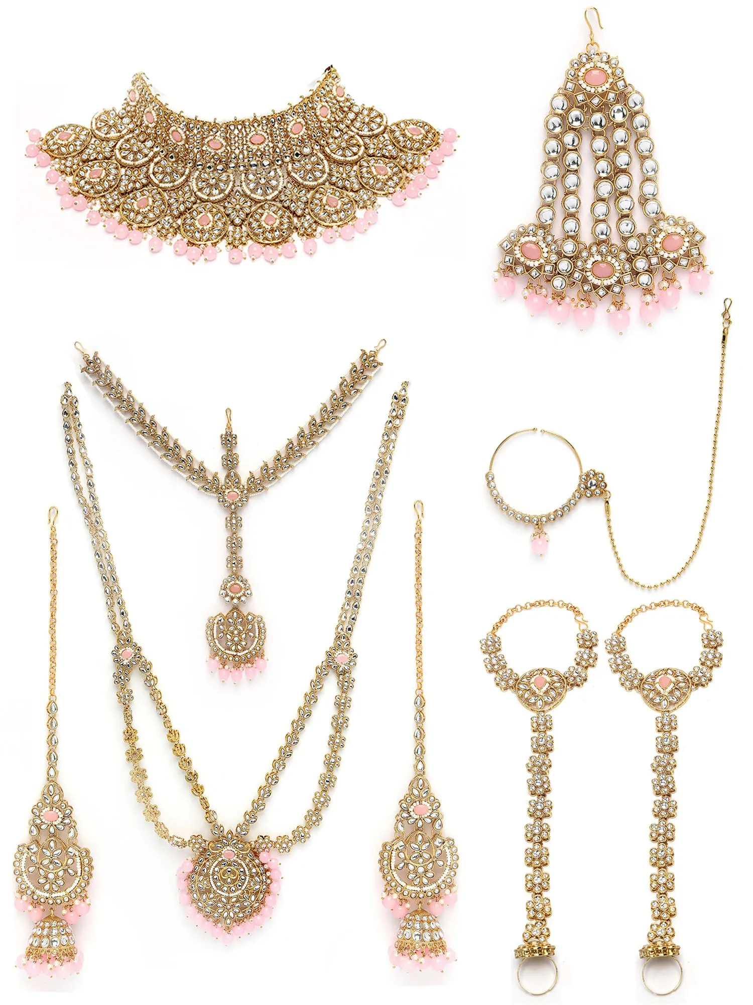 Karatcart Gold Plated Pink Stone & Bead Ethnic Indian Traditional Kundan Dulhan Bridal Jewellery Set