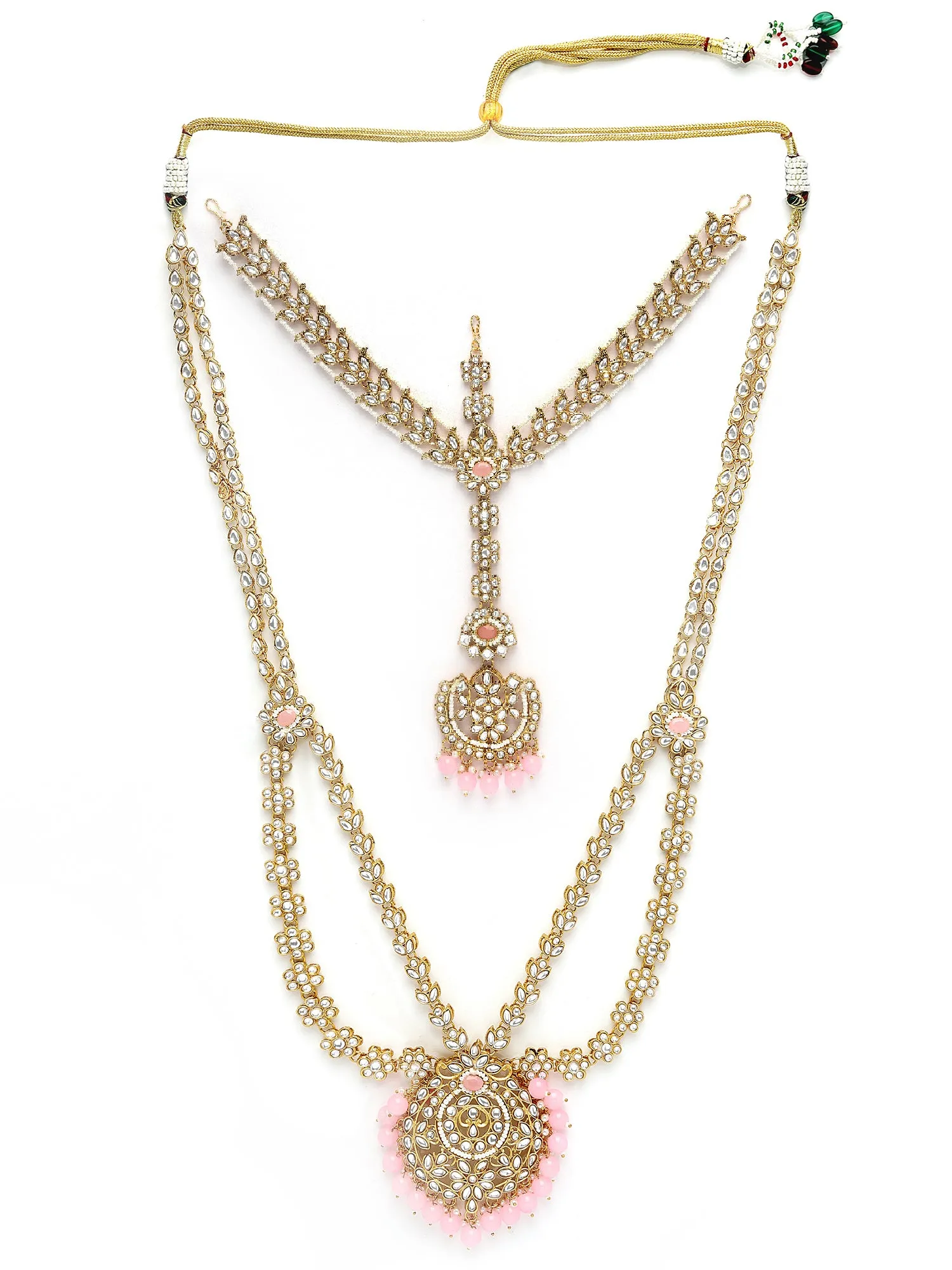 Karatcart Gold Plated Pink Stone & Bead Ethnic Indian Traditional Kundan Dulhan Bridal Jewellery Set