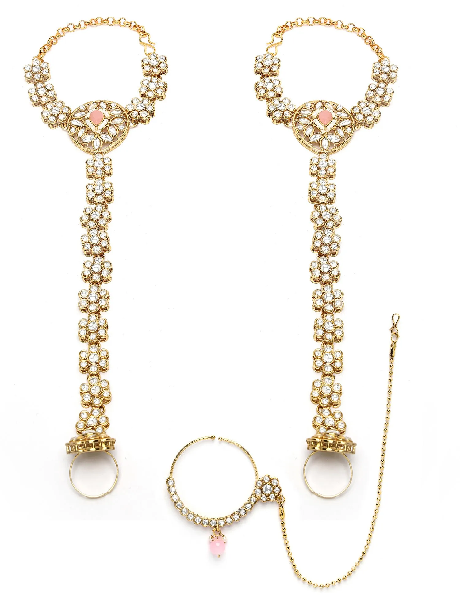 Karatcart Gold Plated Pink Stone & Bead Ethnic Indian Traditional Kundan Dulhan Bridal Jewellery Set