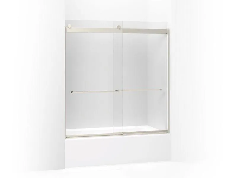 KOHLER K-706007-L Levity Sliding bath door, 62" H x 56-5/8 - 59-5/8" W, with 3/8" thick Crystal Clear glass and square towel bar