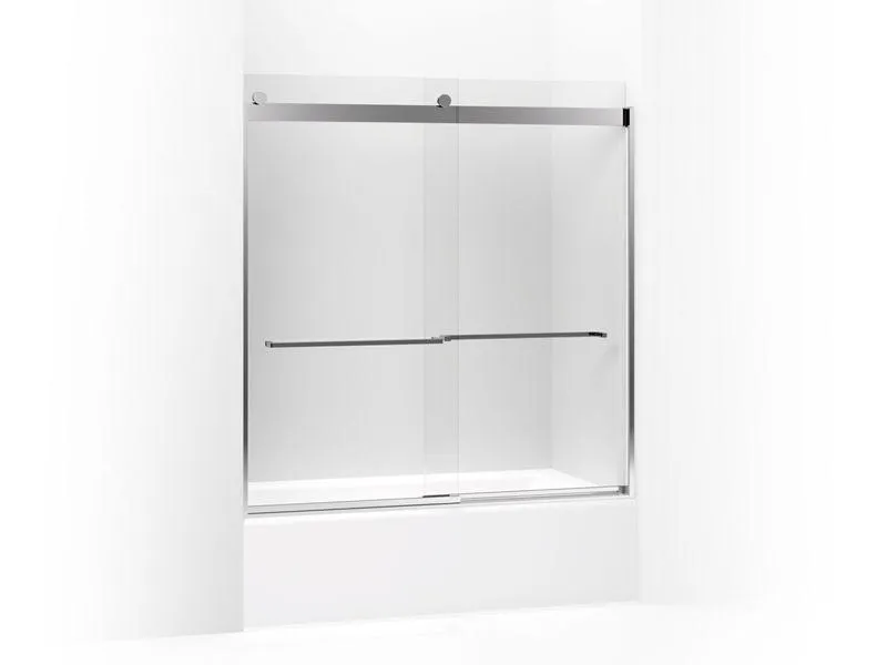 KOHLER K-706007-L Levity Sliding bath door, 62" H x 56-5/8 - 59-5/8" W, with 3/8" thick Crystal Clear glass and square towel bar