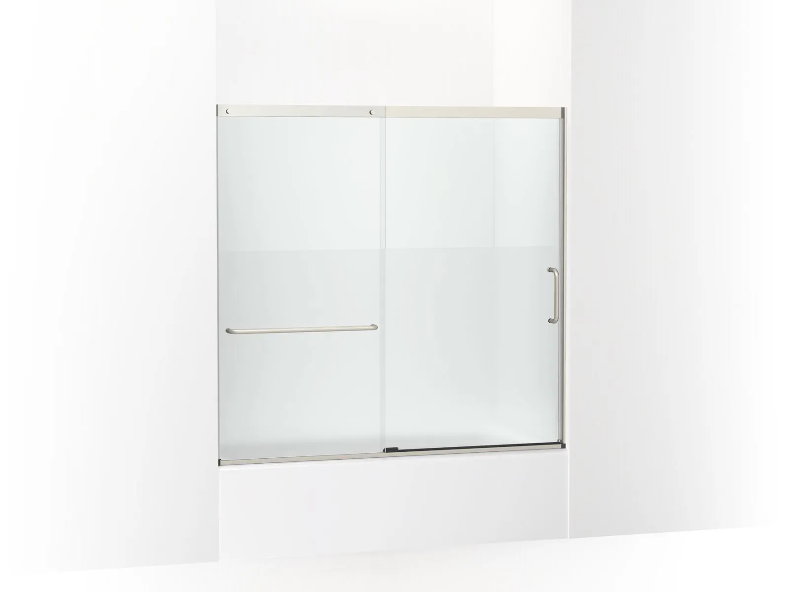 KOHLER K-707618-8G81 Elate Sliding bath door, 56-3/4" H x 56-1/4 - 59-5/8" W with heavy 5/16" thick Crystal Clear glass with privacy band
