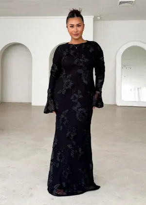 Kya Mesh Maxi Dress - Black Embroidered