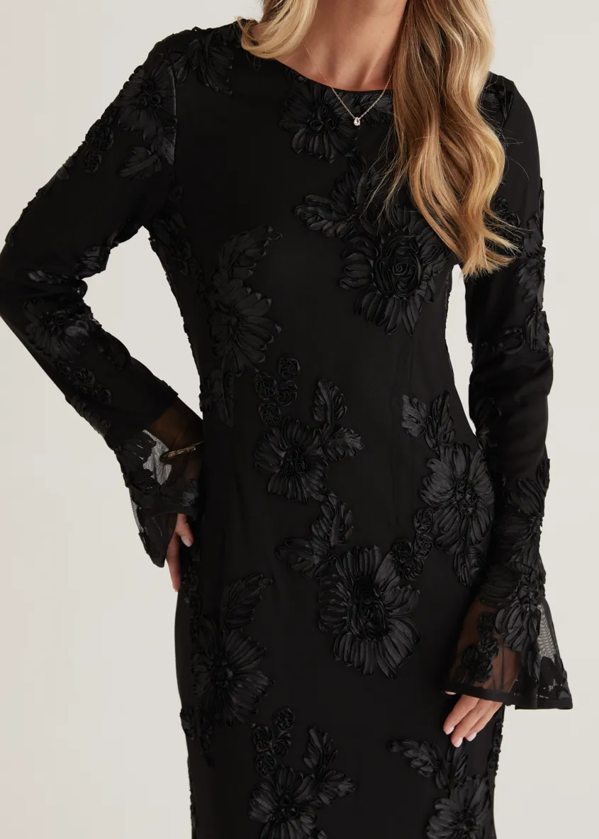 Kya Mesh Maxi Dress - Black Embroidered