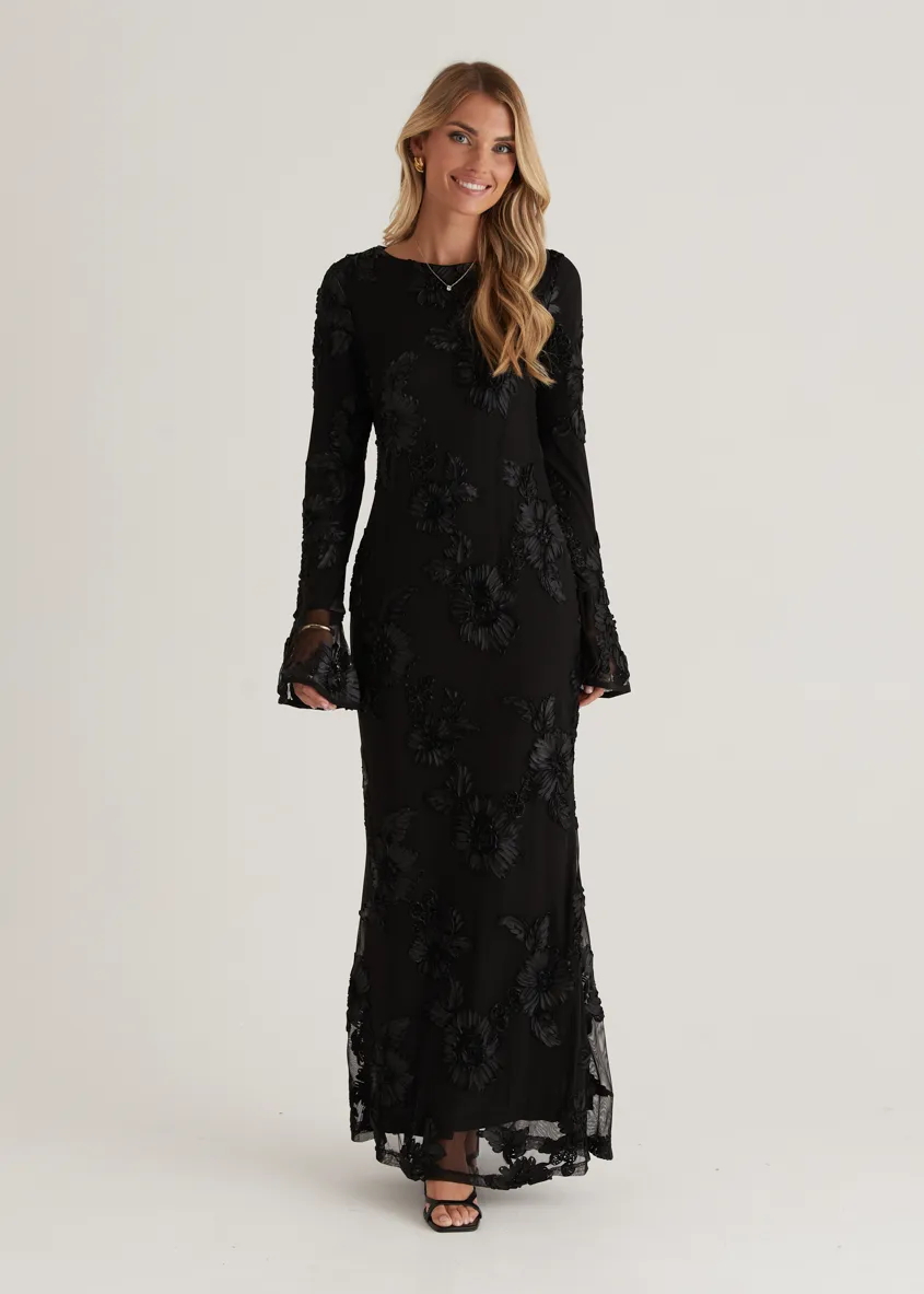 Kya Mesh Maxi Dress - Black Embroidered