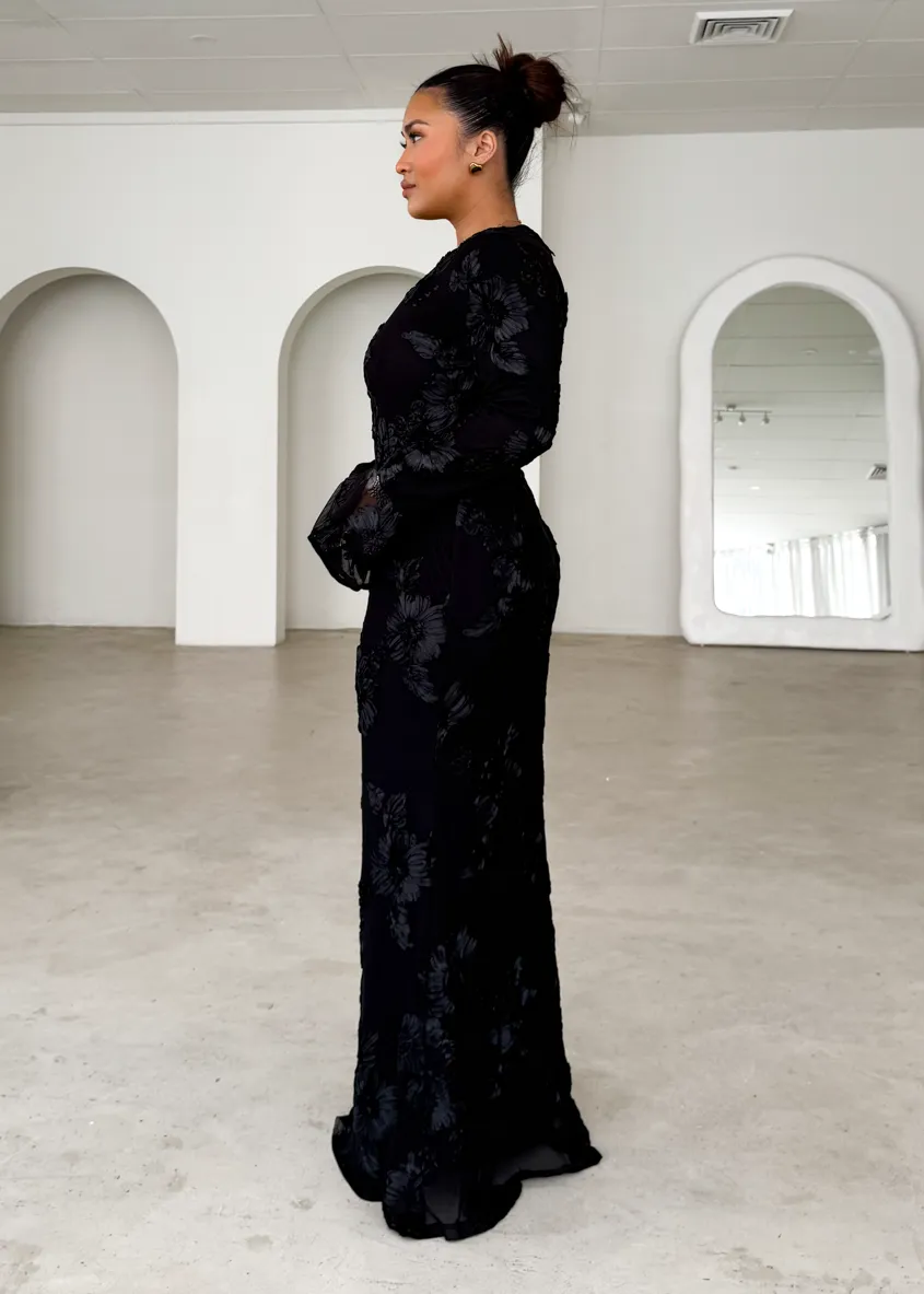 Kya Mesh Maxi Dress - Black Embroidered