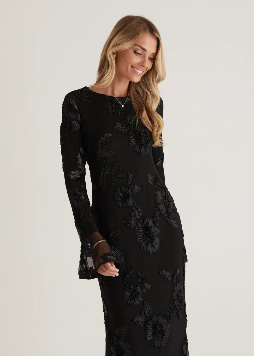 Kya Mesh Maxi Dress - Black Embroidered