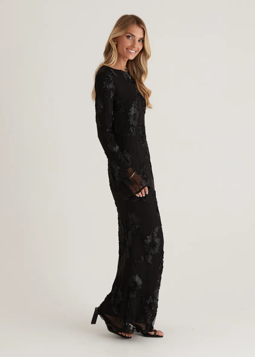 Kya Mesh Maxi Dress - Black Embroidered