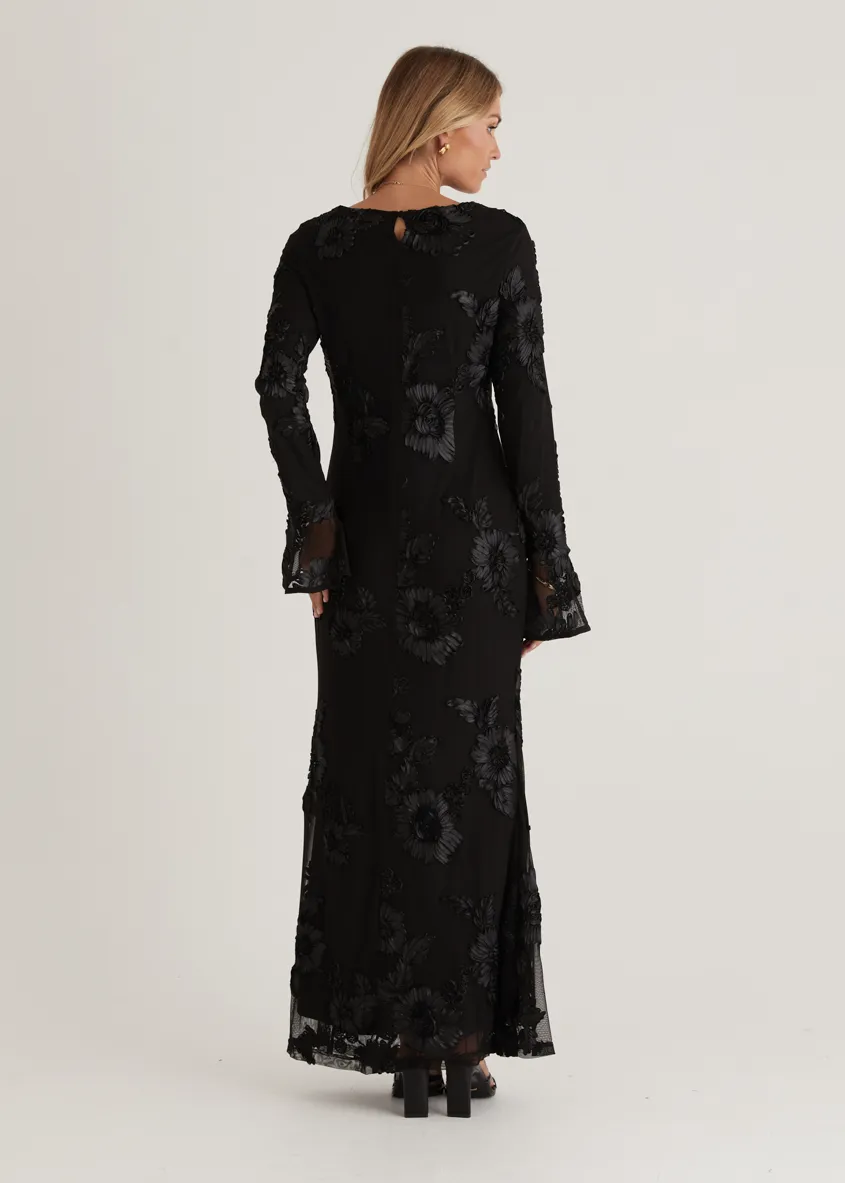 Kya Mesh Maxi Dress - Black Embroidered