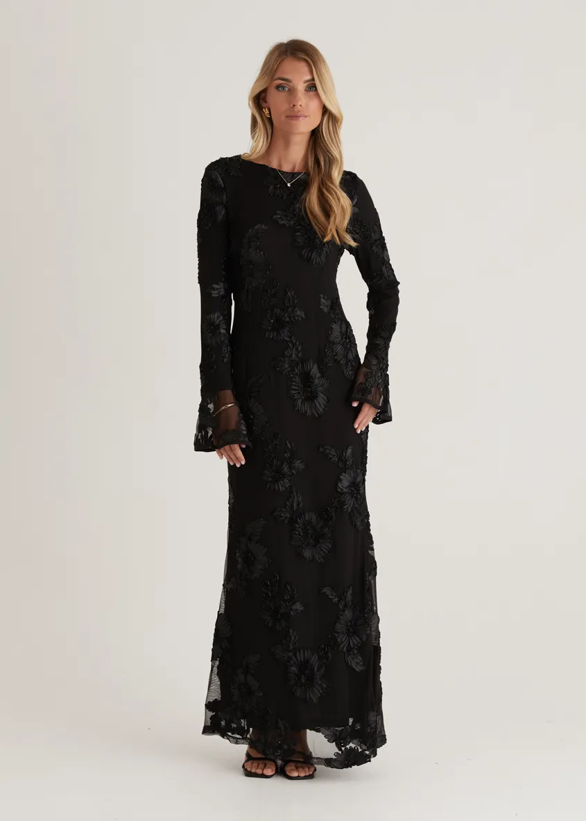 Kya Mesh Maxi Dress - Black Embroidered