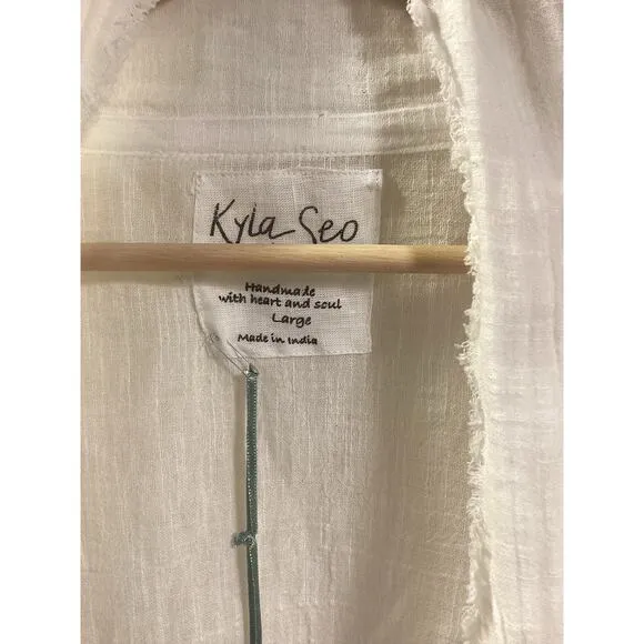 Kyla Seo NWT Ivory Cotton Gauze Embroidery Frayed Kimono Oversized Jacket USA L