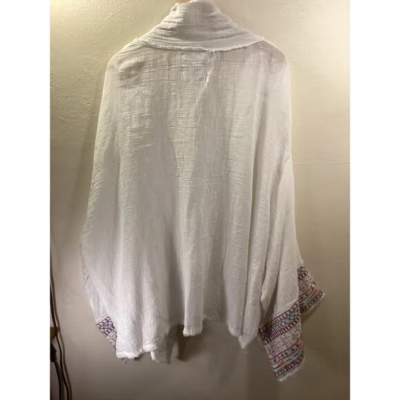 Kyla Seo NWT Ivory Cotton Gauze Embroidery Frayed Kimono Oversized Jacket USA L