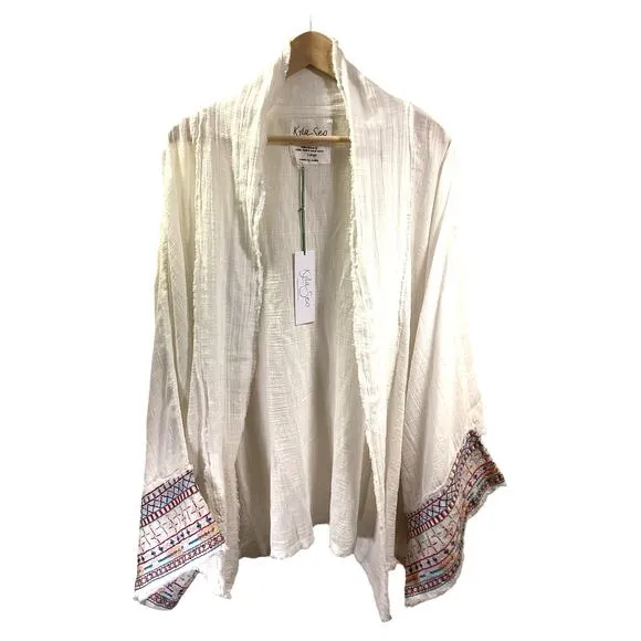 Kyla Seo NWT Ivory Cotton Gauze Embroidery Frayed Kimono Oversized Jacket USA L